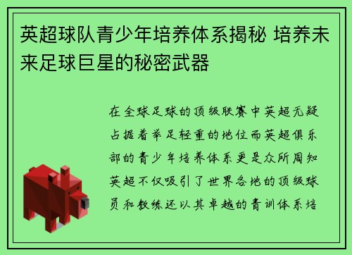 英超球队青少年培养体系揭秘 培养未来足球巨星的秘密武器