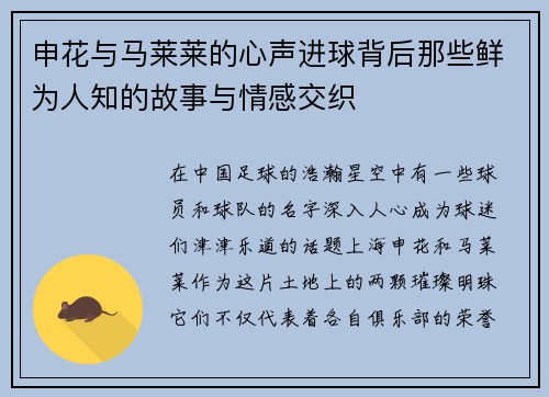 申花与马莱莱的心声进球背后那些鲜为人知的故事与情感交织